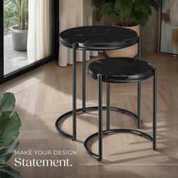 Tectake Side Table Ellsa With Marble-Look Tabletop And Steel Frame Set Of 2 Black/black - thumbnail 7