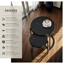 Tectake Side Table Ellsa With Marble-Look Tabletop And Steel Frame Set Of 2 Black/black - thumbnail 2