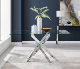 Furniturebox Uk Leonardo Glass And Chrome Metal Dining Table And 6 Navy Pesaro Velvet Silver Leg Chairs - thumbnail 2