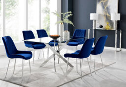 Furniturebox Uk Leonardo Glass And Chrome Metal Dining Table And 6 Navy Pesaro Velvet Silver Leg Chairs - thumbnail 1