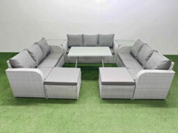 Fimous 11 Seat Outdoor Pe Rattan Garden Furniture With Cushions 3 Seater Sofa 2 Side Tables 2 Big Stools Light Grey - thumbnail 2