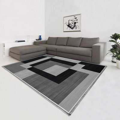 Oxford Homeware Printed Rug, Non-Slip Pets Friendly, Living Room Rugs And Bedroom Rugs, (Milo Black & Grey, 160X230Cm) - image 1