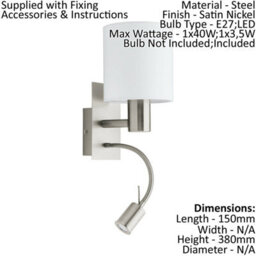 Elegant Satin Nickel Wall Light Fixture - 2 Pack With White Fabric Shade And Led Bulbs - thumbnail 2