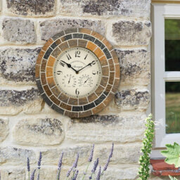 Stonegate Mosaic Quartz Wall Clock & Thermometer - Battery Powered Weatherproof Stone Effect Home Garden Decor - 33.5Cm Diameter