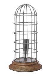Orsina Small Table Lamp With Natural Wood Base, Silver Cage Industrial Style Desk Light, Bulb Holder Table Lamp