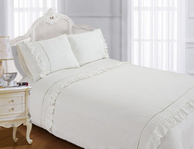 Sweet Dreams Romantic Ruffle  White Linen Duvet Cover Set With Pillowcases White
