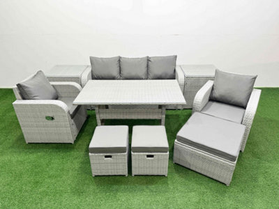 Fimous Pe Rattan Garden Furniture Set Reclining Chair Lounge Sofa Set Rectangular Dining Table 2 Side Table 3 Stools Light Grey - image 1