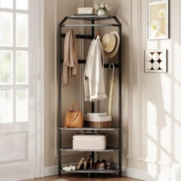 Corner Coat Rack Hall Tree Shoe Bench With 3-Tier Shelves