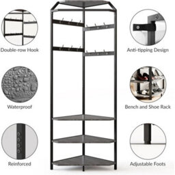 Corner Coat Rack Hall Tree Shoe Bench With 3-Tier Shelves - thumbnail 6