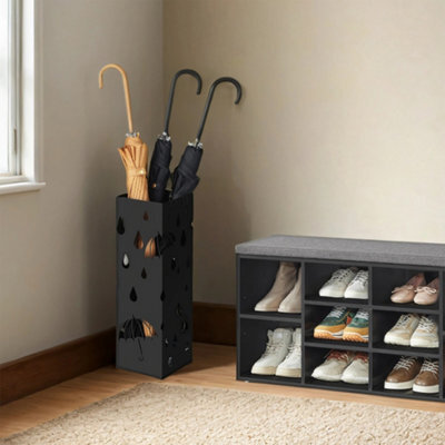 Songmics Metal Umbrella Holder, Umbrella Stand With Hooks And Drip Tray, Black