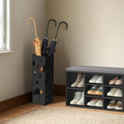Songmics Metal Umbrella Holder, Umbrella Stand With Hooks And Drip Tray, Black - thumbnail 1