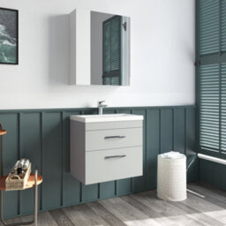 Balterley Rio 2 Drawer Wall Hung Vanity Basin Unit - 600mm - Gloss Grey Mist With Black D Handles (Tap Not Included) - thumbnail 4