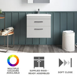 Balterley Rio 2 Drawer Wall Hung Vanity Basin Unit - 600mm - Gloss Grey Mist With Black D Handles (Tap Not Included) - thumbnail 6