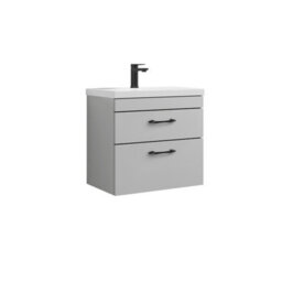 Balterley Rio 2 Drawer Wall Hung Vanity Basin Unit - 600mm - Gloss Grey Mist With Black D Handles (Tap Not Included) - thumbnail 1