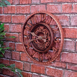 Vintage Open Face Indoor Or Outdoor Clock - Battery Powered Wall Fence Skeleton Clock With Cog & Wheel Design - 30Cm Dia, Bronze