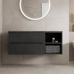 Affine 1200mm Bathroom Vanity Unit Grey Marble Countertop Wall Hung Fluted Black Unit - thumbnail 1
