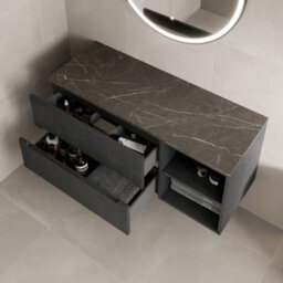 Affine 1200mm Bathroom Vanity Unit Grey Marble Countertop Wall Hung Fluted Black Unit - thumbnail 3