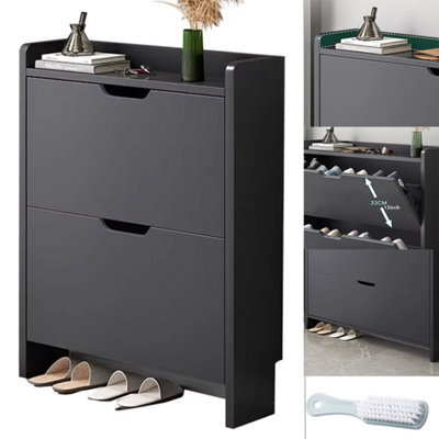 Modern Black Wooden Shoe Cabinet With 2 Tilt-Out Drawers - Slim & Space-Saving Storage Organiser - image 1