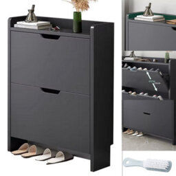 Modern Black Wooden Shoe Cabinet With 2 Tilt-Out Drawers - Slim & Space-Saving Storage Organiser - thumbnail 1