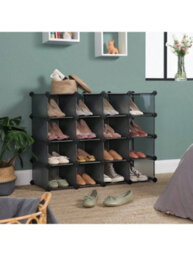 LEDREM Shoe Rack, 16 Cube Plastic Shoe Rack, Entryway Storage Cabinet, Space-Saving Design, Black - thumbnail 6