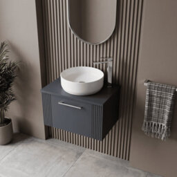 Balterley Belvide Partial Fluted 1 Drawer Wall Hung Vanity Unit With Colour Coordinating Worktop - 600mm - Satin Soft Black - thumbnail 3