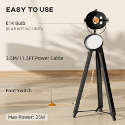Black Vintage Tripod Floor Lamp Wooden Searchlight With Adjustable Height - thumbnail 6