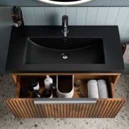Aveli Fluted 800mm Bathroom Vanity Unit Basin Wall Hung Cupboard Soft Close Walnut - thumbnail 4