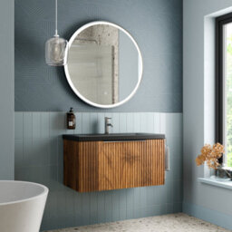 Aveli Fluted 800mm Bathroom Vanity Unit Basin Wall Hung Cupboard Soft Close Walnut - thumbnail 3