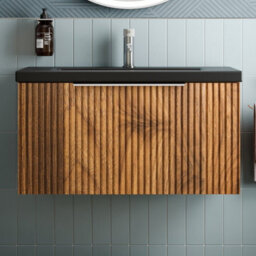 Aveli Fluted 800mm Bathroom Vanity Unit Basin Wall Hung Cupboard Soft Close Walnut - thumbnail 1