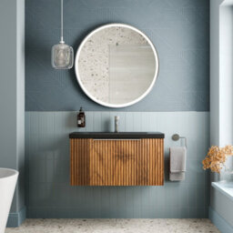 Aveli Fluted 800mm Bathroom Vanity Unit Basin Wall Hung Cupboard Soft Close Walnut - thumbnail 2