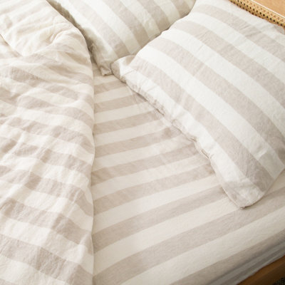 Native Natural Natural Stripes Super King 100% Linen Fitted Sheet (180X200Cm) - image 1