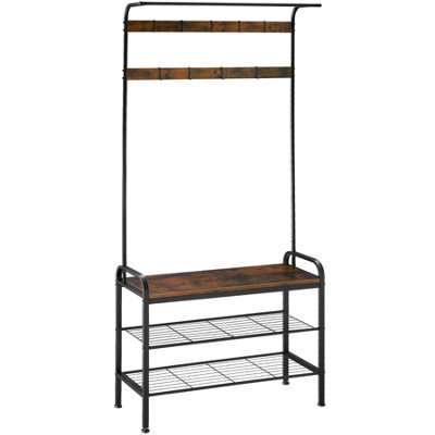 Tectake Coat Stand - Shoe Rack, Seat, 2 Shelves And 9 Coat Hooks 85.5X36X184Cm - Industrial Wood Dark, Rustic - image 1