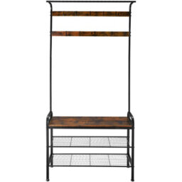 Tectake Coat Stand - Shoe Rack, Seat, 2 Shelves And 9 Coat Hooks 85.5X36X184Cm - Industrial Wood Dark, Rustic - thumbnail 2