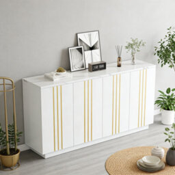 Living Room Sideboard With 4 Doors And Adjustable Dividers, White & Gold - thumbnail 4