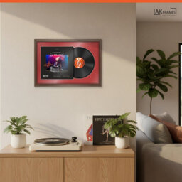 "AK Frames 25X17"" Walnut Sleek Vinyl Record Frame With Crimson Mount For 12 Inch Lp Cover & Disc - Overlapped Design" - thumbnail 5