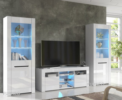 Furneo High Gloss & Matt White Living Room Set Tv Stand Display Cabinets Milanow Blue Led Lights - image 1