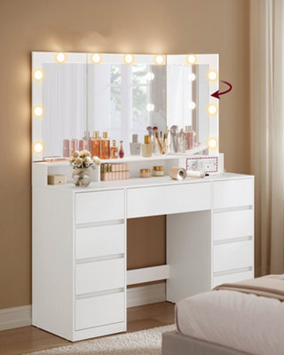Ledrem Dressing Table With Tri-Fold Mirror, 11 Led Lights, 9 Drawers And Power Outlets, 107 X 40 X 144 Cm, White - image 1