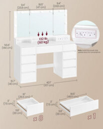 Ledrem Dressing Table With Tri-Fold Mirror, 11 Led Lights, 9 Drawers And Power Outlets, 107 X 40 X 144 Cm, White - thumbnail 5