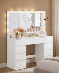 Ledrem Dressing Table With Tri-Fold Mirror, 11 Led Lights, 9 Drawers And Power Outlets, 107 X 40 X 144 Cm, White - thumbnail 1