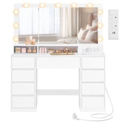 Ledrem Dressing Table With Tri-Fold Mirror, 11 Led Lights, 9 Drawers And Power Outlets, 107 X 40 X 144 Cm, White - thumbnail 2