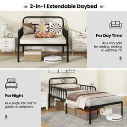 Costway Extendable Daybed To Single Size Bed Metal Sofa Bed With Trundle - thumbnail 6