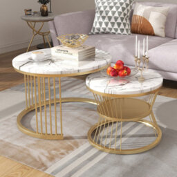 Btm Set Of 2 Nesting Coffee Tables Gold Metal Frame With Marble Top Round End Tables For Living Room Or Bedroom