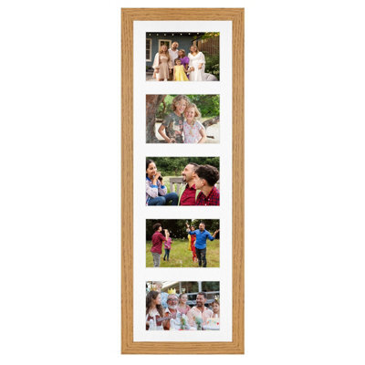 AK Frames 26X8 Oak Modern Multi Photo Frame With White Mount - Holds 5 Apertures (5X) 6X4 Photos - image 1