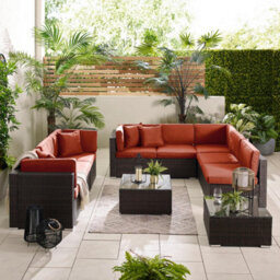 Furniturebox Orlando Orange, Brown Rattan Garden Sofa Modular Outdoor Patio Couch Seating, Table & 8 Chairs Garden Corner Sofa Set - thumbnail 2