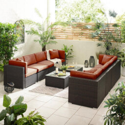 Furniturebox Orlando Orange, Brown Rattan Garden Sofa Modular Outdoor Patio Couch Seating, Table & 8 Chairs Garden Corner Sofa Set - thumbnail 3