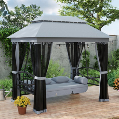Outsunny 3 Person Canopy Gazebo Swing Outdoor Patio Lounge W/ Mesh Walls, Grey - image 1