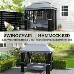 Outsunny 3 Person Canopy Gazebo Swing Outdoor Patio Lounge W/ Mesh Walls, Grey - thumbnail 4