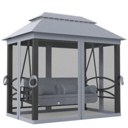 Outsunny 3 Person Canopy Gazebo Swing Outdoor Patio Lounge W/ Mesh Walls, Grey - thumbnail 2