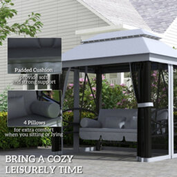 Outsunny 3 Person Canopy Gazebo Swing Outdoor Patio Lounge W/ Mesh Walls, Grey - thumbnail 7
