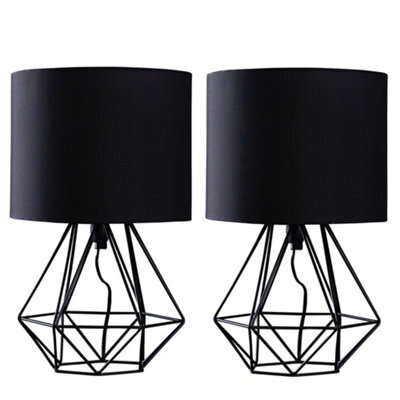 Valuelights Angus Pair Of Black Metal Basket Cage Bed Side Table Lamps With Black Fabric Shades And Led Bulbs In Warm White - image 1
